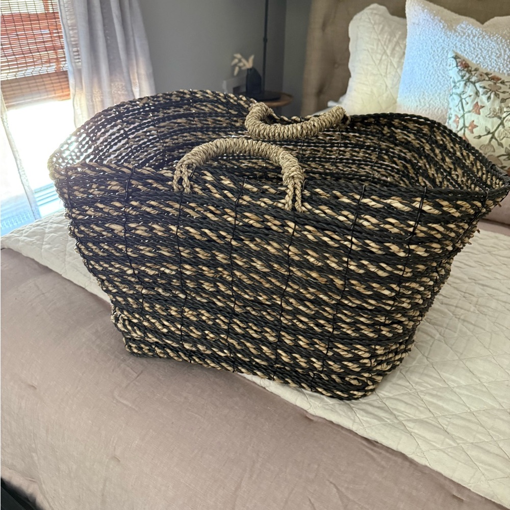 Pottery Barn Black and Tan Woven Basket Tote